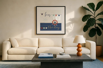 Underlined Nautical III by Veronique Charron. Displayed in a glass frame with matte in a clean modern living room. Available as an archival giclee rolled canvas, fine art paper, or poster print. SKU 39408a.