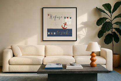 Underlined Nautical IV by Veronique Charron. Displayed in a glass frame with matte in a clean modern living room. Available as an archival giclee rolled canvas, fine art paper, or poster print. SKU 39409a.