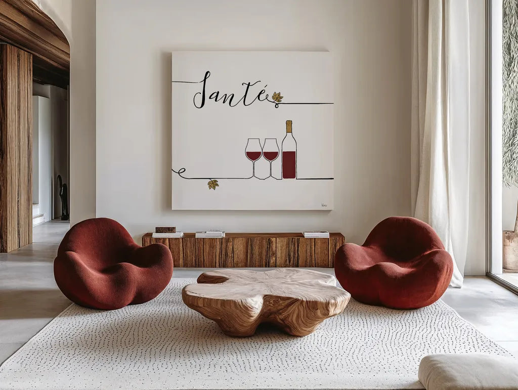 Underlined Wine VI by Veronique Charron. Shown as extra-large giant wall art in a modern living room. Available as an archival giclee rolled canvas, fine art paper, or poster print. SKU 33708a.