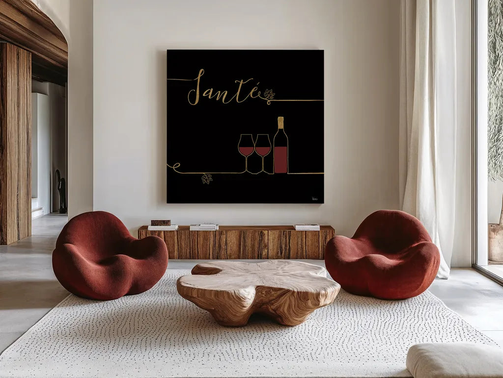 Underlined Wine VI Black by Veronique Charron. Shown as extra-large giant wall art in a modern living room. Available as an archival giclee rolled canvas, fine art paper, or poster print. SKU 33718a.