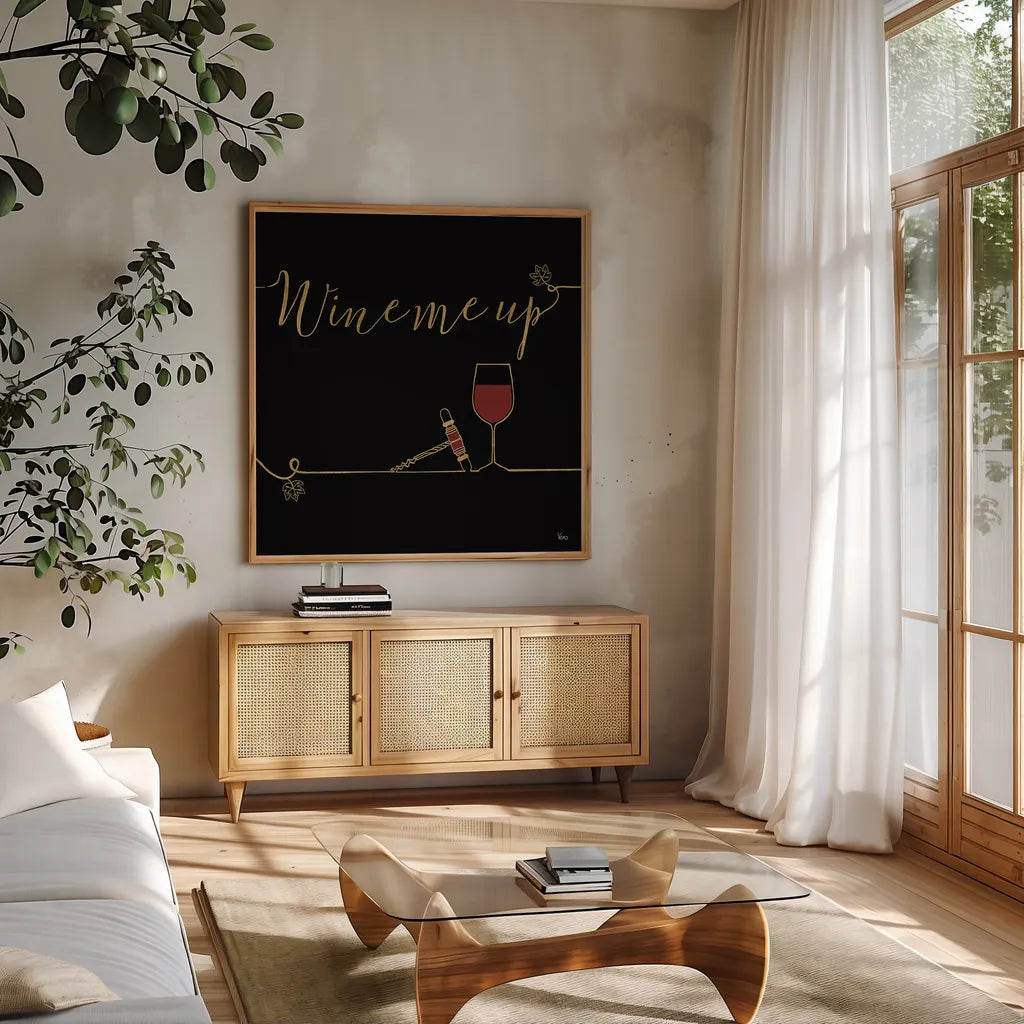 Underlined Wine VII Black by Veronique Charron. Shown in a natural wood frame in a cozy modern living room. Available as an archival giclee rolled canvas, fine art paper, or poster print. SKU 33719a.