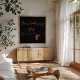 Underlined Wine VIII Black by Veronique Charron. Shown in a natural wood frame in a cozy modern living room. Available as an archival giclee rolled canvas, fine art paper, or poster print. SKU 33720a.