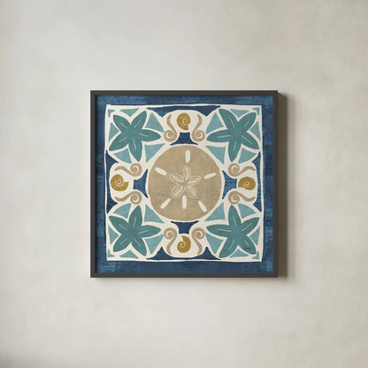 Undersea Blue Tile I Crop by Veronique Charron. Shown in a sleek black glass frame for a contemporary gallery look. Available as an archival giclee rolled canvas, fine art paper, or poster print. SKU 20267a.