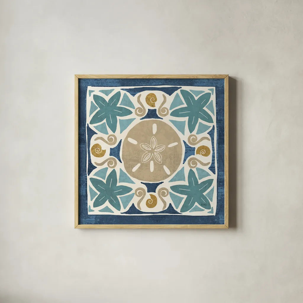 Undersea Blue Tile I Crop by Veronique Charron. Shown in a natural wood glass frame for a timeless modern aesthetic. Available as an archival giclee rolled canvas, fine art paper, or poster print. SKU 20267a.