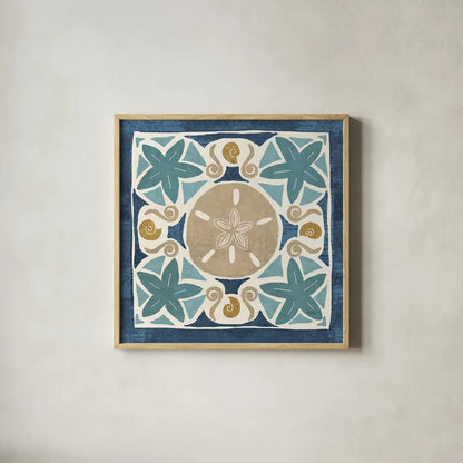 Undersea Blue Tile I Crop by Veronique Charron. Shown in a natural wood glass frame for a timeless modern aesthetic. Available as an archival giclee rolled canvas, fine art paper, or poster print. SKU 20267a.