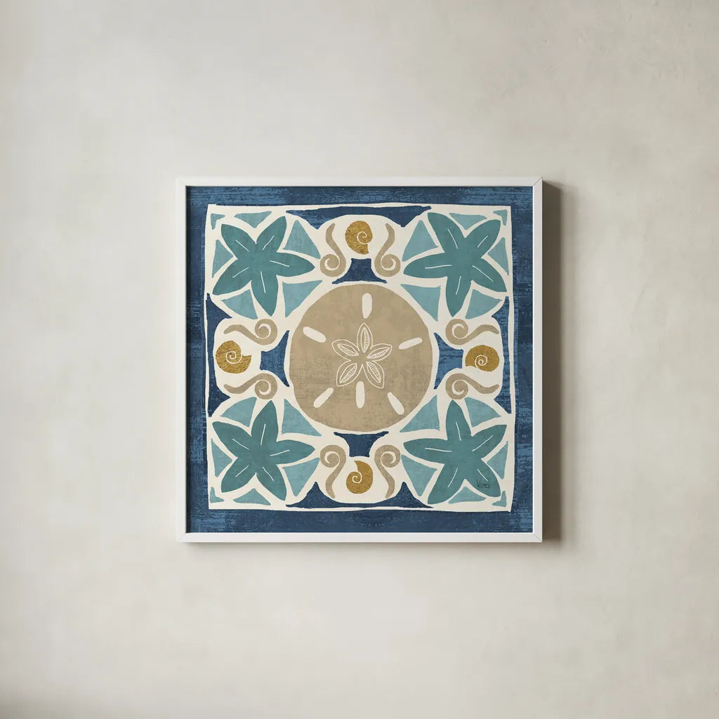 Undersea Blue Tile I Crop by Veronique Charron. Shown in a crisp white glass frame for a clean and minimalist style. Available as an archival giclee rolled canvas, fine art paper, or poster print. SKU 20267a.