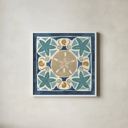 Undersea Blue Tile I Crop by Veronique Charron. Shown in a crisp white glass frame for a clean and minimalist style. Available as an archival giclee rolled canvas, fine art paper, or poster print. SKU 20267a.