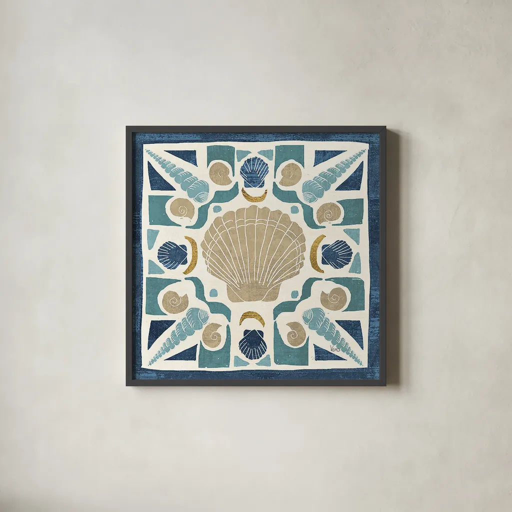 Undersea Blue Tile II Crop by Veronique Charron. Shown in a sleek black glass frame for a contemporary gallery look. Available as an archival giclee rolled canvas, fine art paper, or poster print. SKU 20268a.