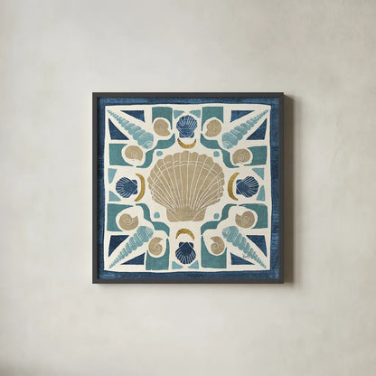 Undersea Blue Tile II Crop by Veronique Charron. Shown in a sleek black glass frame for a contemporary gallery look. Available as an archival giclee rolled canvas, fine art paper, or poster print. SKU 20268a.