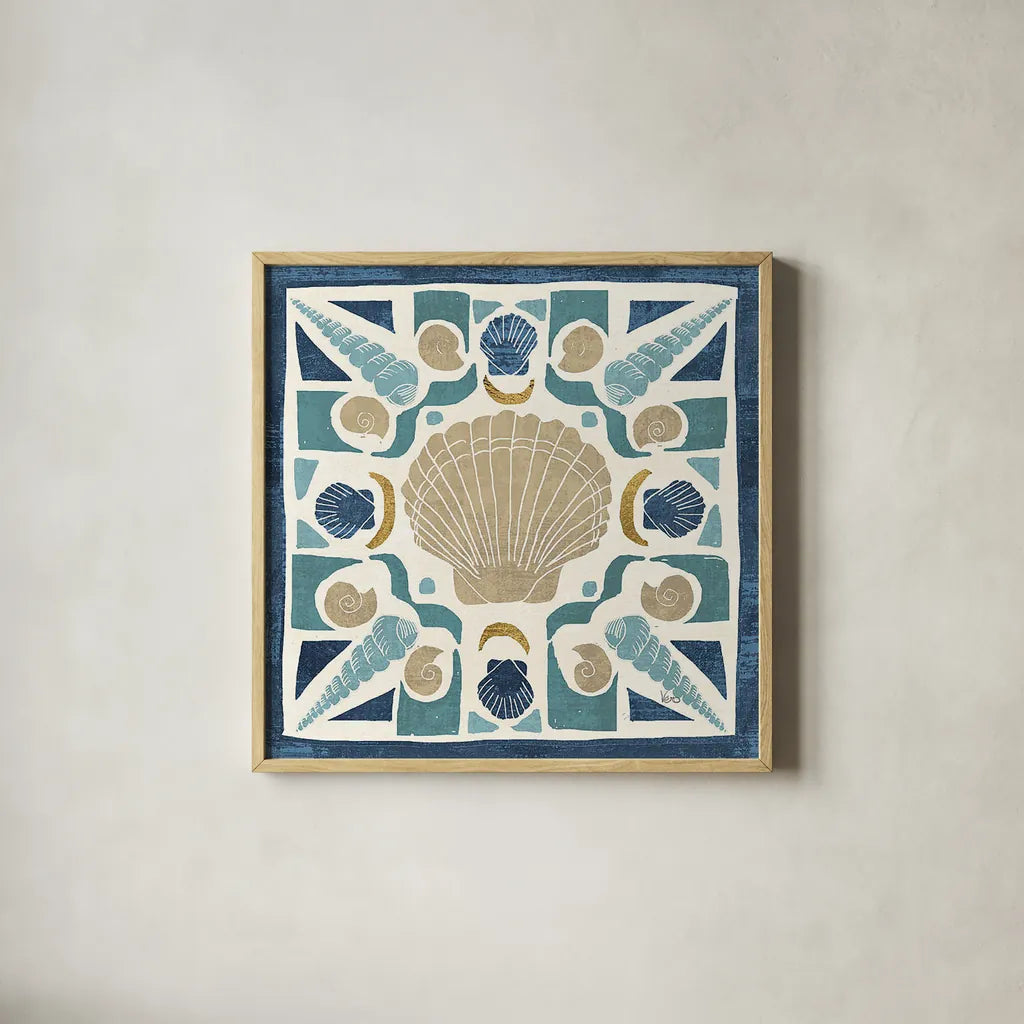Undersea Blue Tile II Crop by Veronique Charron. Shown in a natural wood glass frame for a timeless modern aesthetic. Available as an archival giclee rolled canvas, fine art paper, or poster print. SKU 20268a.