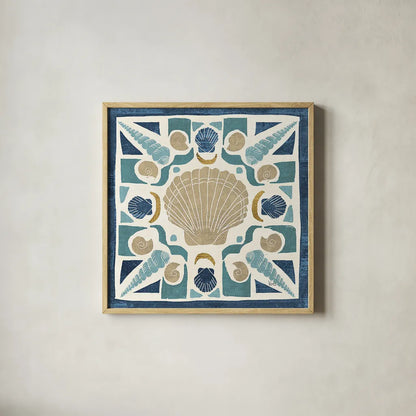 Undersea Blue Tile II Crop by Veronique Charron. Shown in a natural wood glass frame for a timeless modern aesthetic. Available as an archival giclee rolled canvas, fine art paper, or poster print. SKU 20268a.