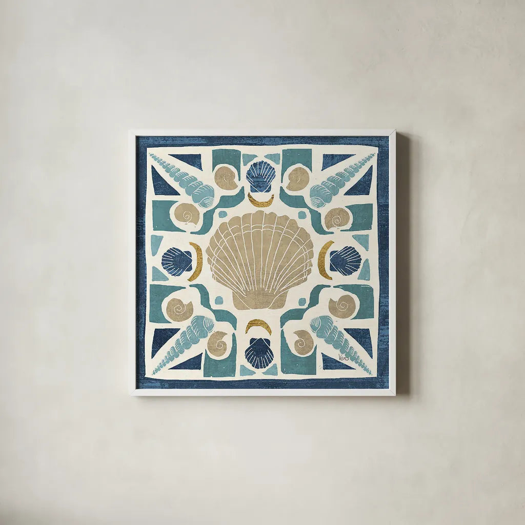Undersea Blue Tile II Crop by Veronique Charron. Shown in a crisp white glass frame for a clean and minimalist style. Available as an archival giclee rolled canvas, fine art paper, or poster print. SKU 20268a.