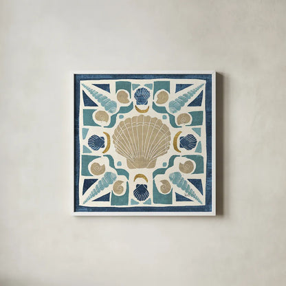 Undersea Blue Tile II Crop by Veronique Charron. Shown in a crisp white glass frame for a clean and minimalist style. Available as an archival giclee rolled canvas, fine art paper, or poster print. SKU 20268a.