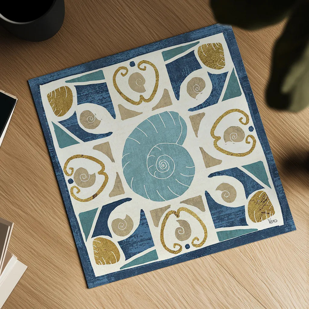 Undersea Blue Tile IV Crop by Veronique Charron. Shown as a detailed flat fine art print, highlighting archival giclee quality. Available as an archival giclee rolled canvas, fine art paper, or poster print. SKU 20270a.