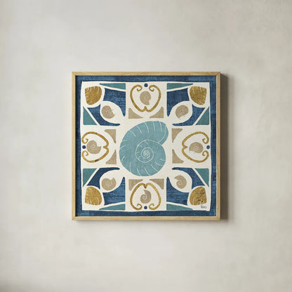 Undersea Blue Tile IV Crop by Veronique Charron. Shown in a natural wood glass frame for a timeless modern aesthetic. Available as an archival giclee rolled canvas, fine art paper, or poster print. SKU 20270a.