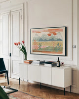 Vista I by Veronique Charron. shown as a framed stretched canvas in a living room above a console. Available as a archival giclee rolled canvas, fine art paper, or poster print. SKU 63575i.