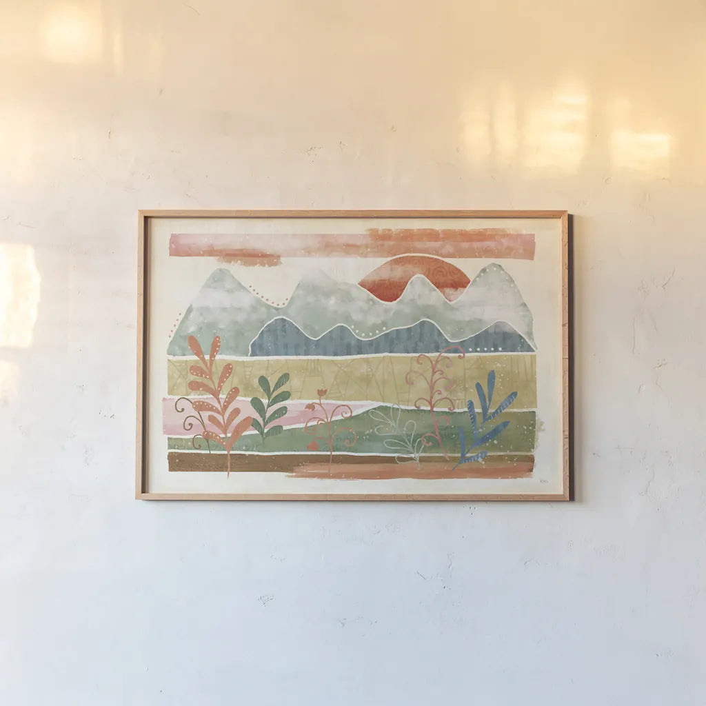 Vista I by Veronique Charron. shown as a paper print in a natural frame. Available as a archival giclee rolled canvas, fine art paper, or poster print. SKU 63575i.