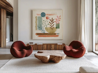 Vista II by Veronique Charron. Shown as extra-large giant wall art in a modern living room. Available as an archival giclee rolled canvas, fine art paper, or poster print. SKU 63576a.