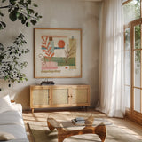 Vista III by Veronique Charron. Shown in a natural wood frame in a cozy modern living room. Available as an archival giclee rolled canvas, fine art paper, or poster print. SKU 63577a.