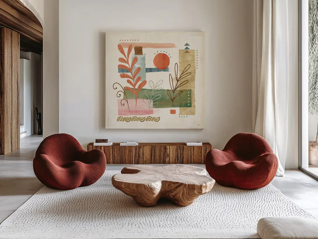 Vista III by Veronique Charron. Shown as extra-large giant wall art in a modern living room. Available as an archival giclee rolled canvas, fine art paper, or poster print. SKU 63577a.