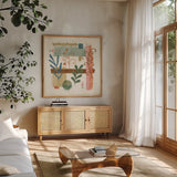 Vista V by Veronique Charron. Shown in a natural wood frame in a cozy modern living room. Available as an archival giclee rolled canvas, fine art paper, or poster print. SKU 63579a.