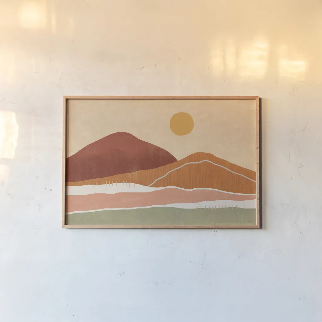 Warmscape I by Veronique Charron. shown as a paper print in a natural frame. Available as a archival giclee rolled canvas, fine art paper, or poster print. SKU 74874i.