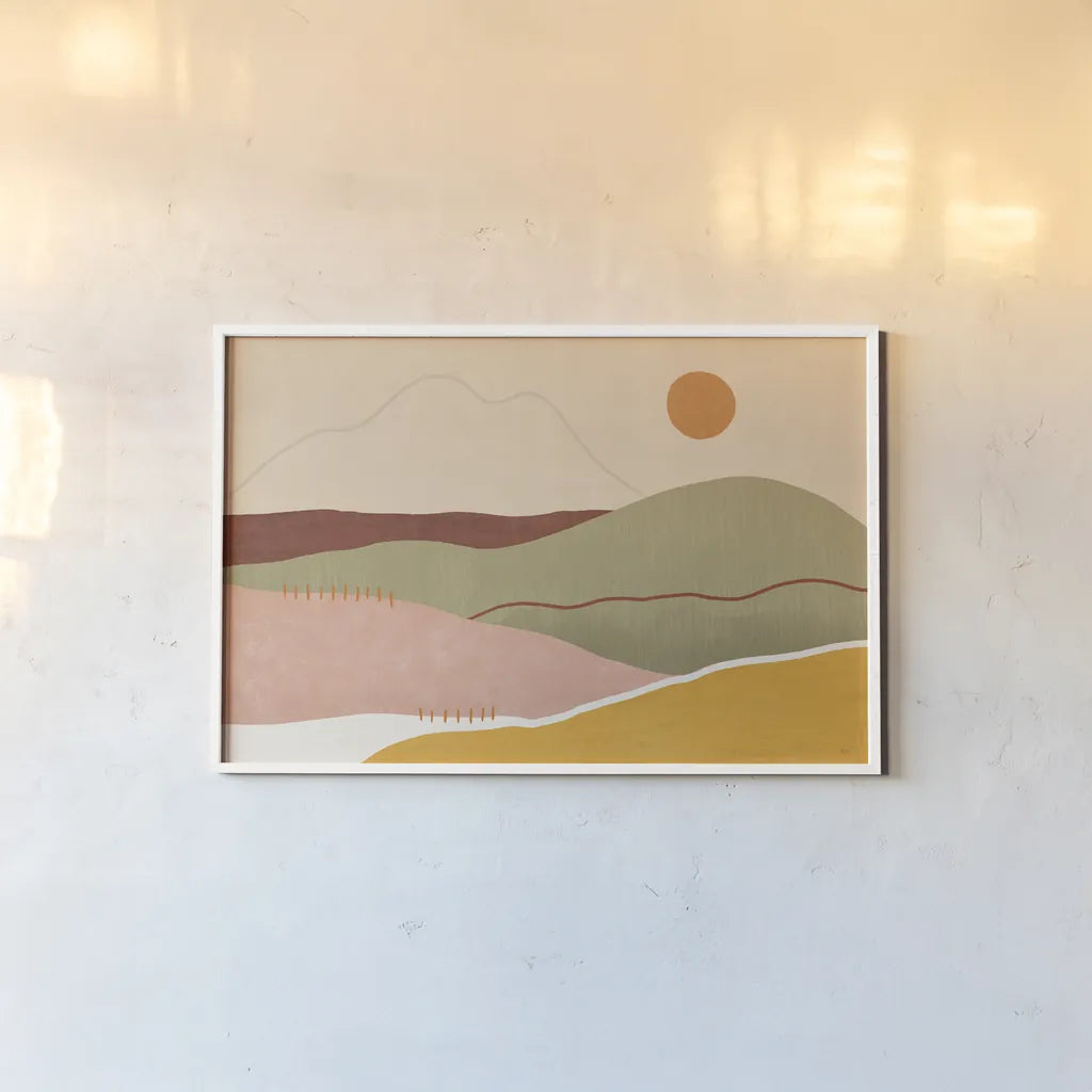 Warmscape II by Veronique Charron. shown as a paper print in a white frame. Available as a archival giclee rolled canvas, fine art paper, or poster print. SKU 74875i.