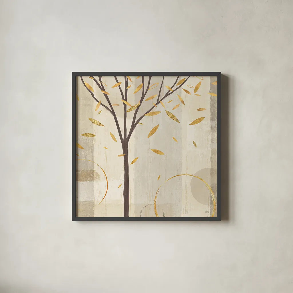 Watercolor Forest Gold IV by Veronique Charron. Shown in a sleek black glass frame for a contemporary gallery look. Available as an archival giclee rolled canvas, fine art paper, or poster print. SKU 28889a.