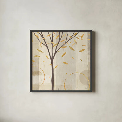 Watercolor Forest Gold IV by Veronique Charron. Shown in a sleek black glass frame for a contemporary gallery look. Available as an archival giclee rolled canvas, fine art paper, or poster print. SKU 28889a.