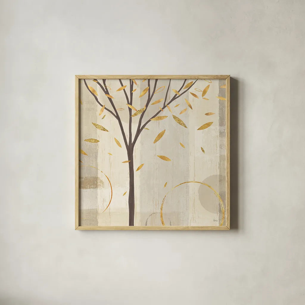 Watercolor Forest Gold IV by Veronique Charron. Shown in a natural wood glass frame for a timeless modern aesthetic. Available as an archival giclee rolled canvas, fine art paper, or poster print. SKU 28889a.