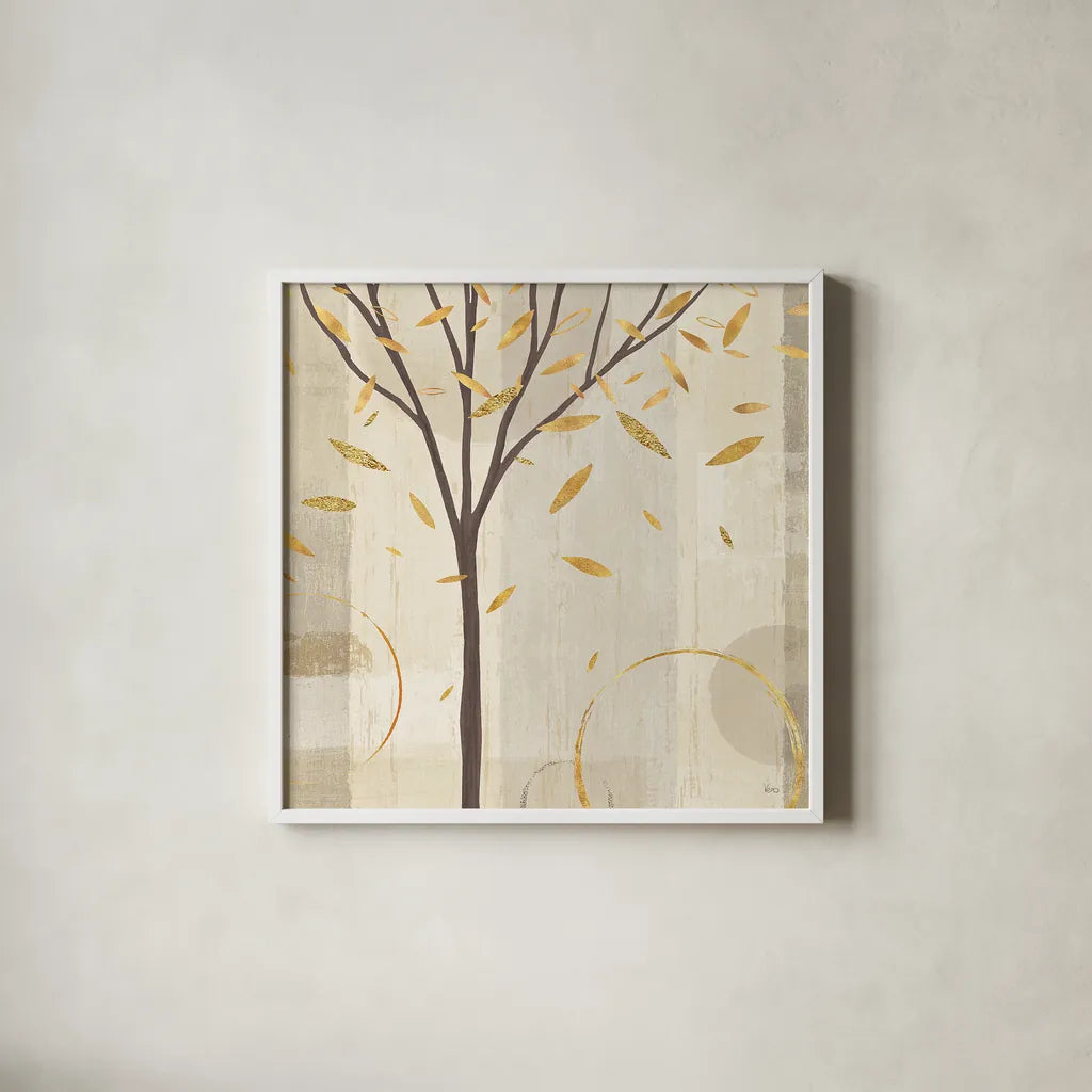 Watercolor Forest Gold IV by Veronique Charron. Shown in a crisp white glass frame for a clean and minimalist style. Available as an archival giclee rolled canvas, fine art paper, or poster print. SKU 28889a.