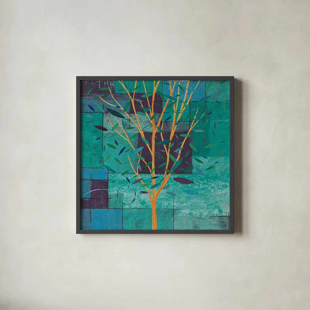 Watercolor Forest V Peacock by Veronique Charron. Shown in a sleek black glass frame for a contemporary gallery look. Available as an archival giclee rolled canvas, fine art paper, or poster print. SKU 21166a.