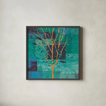 Watercolor Forest V Peacock by Veronique Charron. Shown in a sleek black glass frame for a contemporary gallery look. Available as an archival giclee rolled canvas, fine art paper, or poster print. SKU 21166a.