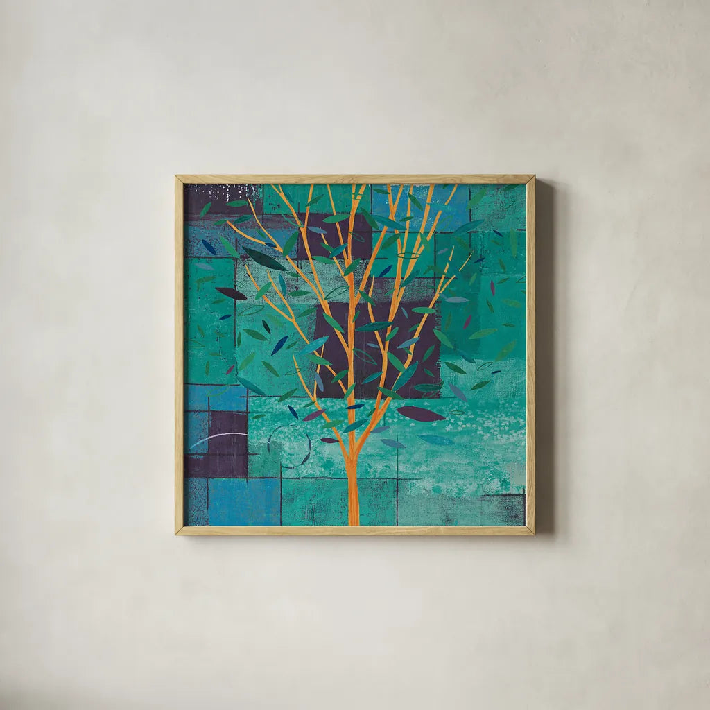 Watercolor Forest V Peacock by Veronique Charron. Shown in a natural wood glass frame for a timeless modern aesthetic. Available as an archival giclee rolled canvas, fine art paper, or poster print. SKU 21166a.