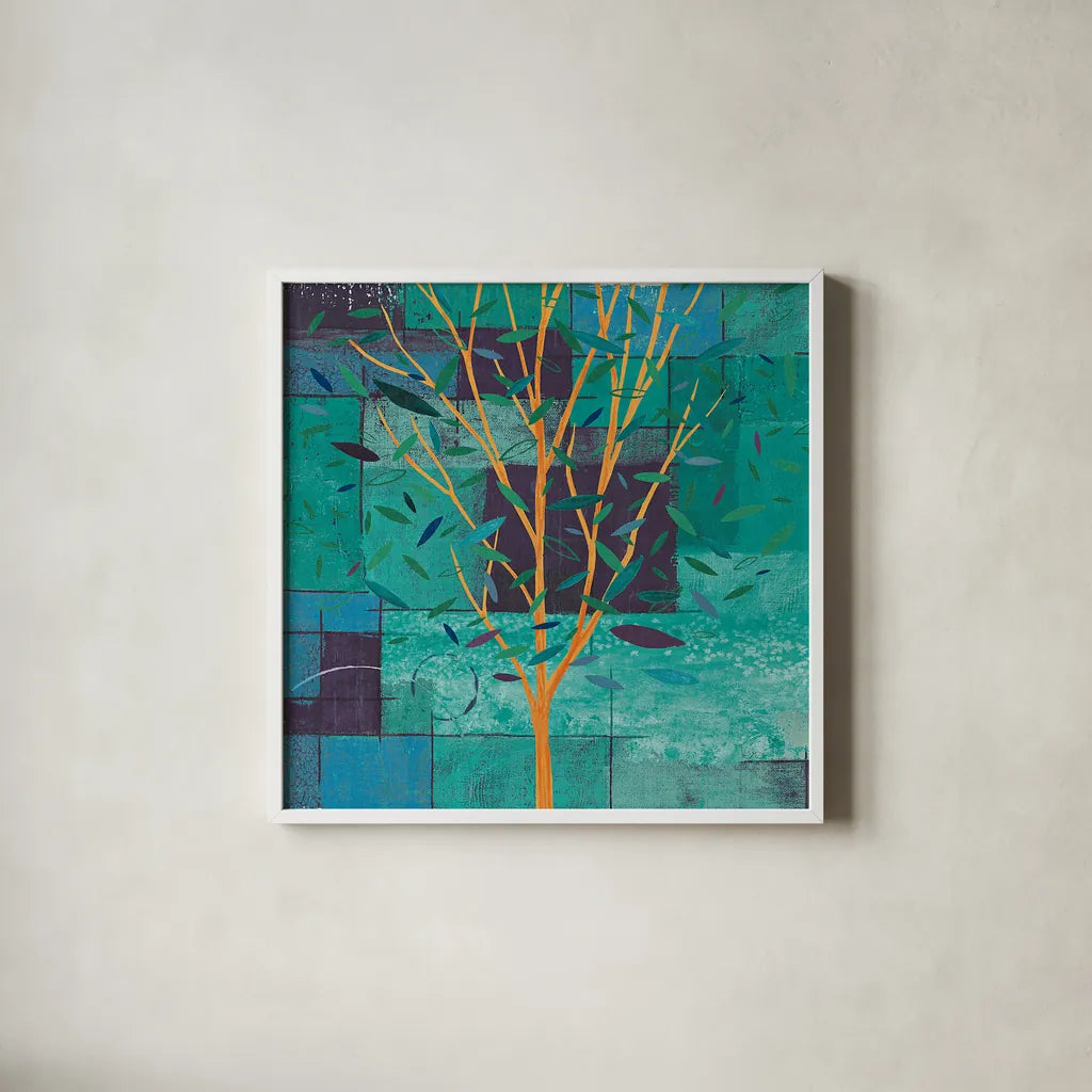 Watercolor Forest V Peacock by Veronique Charron. Shown in a crisp white glass frame for a clean and minimalist style. Available as an archival giclee rolled canvas, fine art paper, or poster print. SKU 21166a.