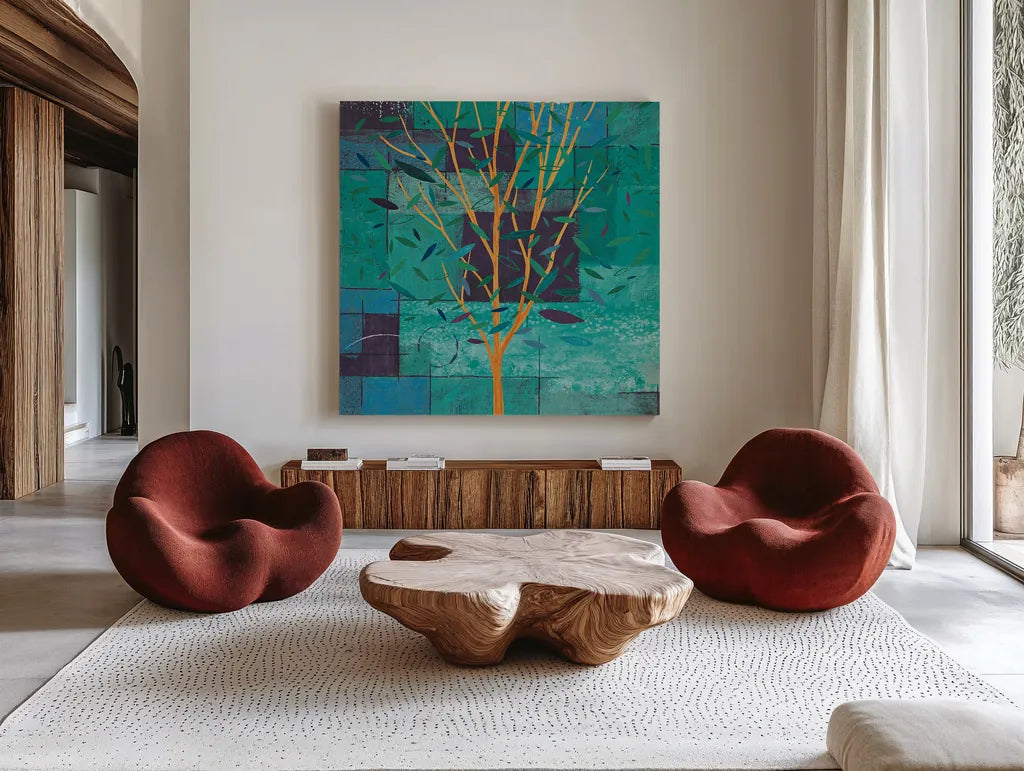 Watercolor Forest V Peacock by Veronique Charron. Shown as extra-large giant wall art in a modern living room. Available as an archival giclee rolled canvas, fine art paper, or poster print. SKU 21166a.