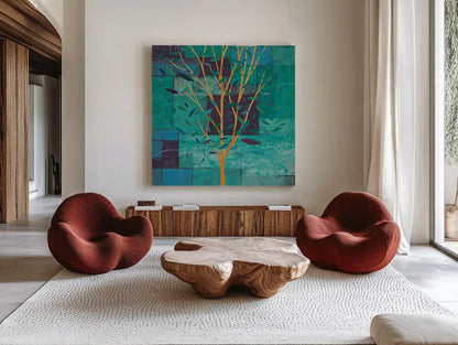 Watercolor Forest V Peacock by Veronique Charron. Shown as extra-large giant wall art in a modern living room. Available as an archival giclee rolled canvas, fine art paper, or poster print. SKU 21166a.