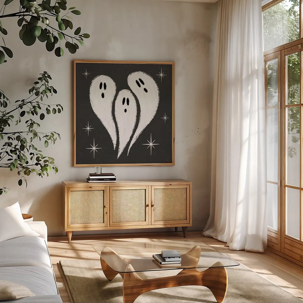 Wee Bit Wicked I by Veronique Charron. Shown in a natural wood frame in a cozy modern living room. Available as an archival giclee rolled canvas, fine art paper, or poster print. SKU 99430a.