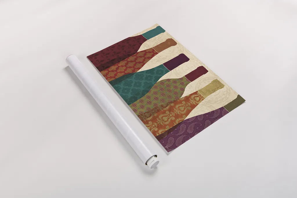 Wine Collage I by Veronique Charron. shown as a rolled paper print. Available as archival giclee rolled canvas, fine art paper, or poster print. SKU 24785i.