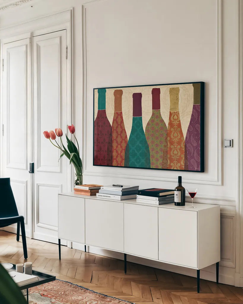 Wine Collage I by Veronique Charron. shown as a framed stretched canvas in a living room above a console. Available as a archival giclee rolled canvas, fine art paper, or poster print. SKU 24785i.