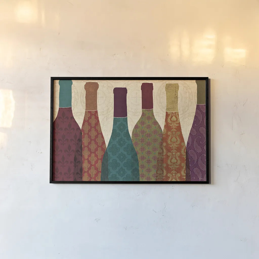 Wine Collage I by Veronique Charron. shown as a paper print in a black flame. Available as a archival giclee rolled canvas, fine art paper, or poster print. SKU 24785i.