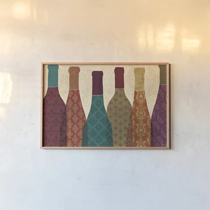 Wine Collage I by Veronique Charron. shown as a paper print in a natural frame. Available as a archival giclee rolled canvas, fine art paper, or poster print. SKU 24785i.