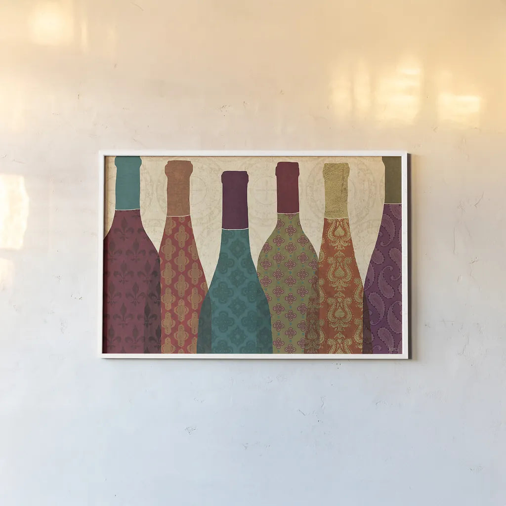 Wine Collage I by Veronique Charron. shown as a paper print in a white frame. Available as a archival giclee rolled canvas, fine art paper, or poster print. SKU 24785i.