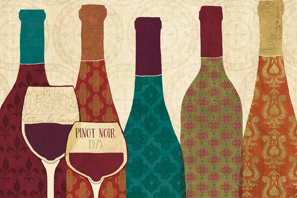 Wine Collage I with Glassware by Veronique Charron. SKU 44855i. Archival Giclee Fine art print for wall decor.