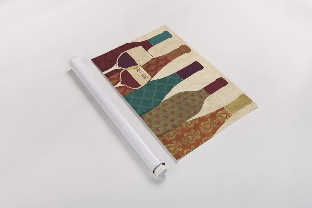 Wine Collage I with Glassware by Veronique Charron. shown as a rolled paper print. Available as archival giclee rolled canvas, fine art paper, or poster print. SKU 44855i.