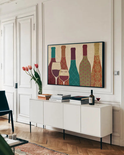Wine Collage I with Glassware by Veronique Charron. shown as a framed stretched canvas in a living room above a console. Available as a archival giclee rolled canvas, fine art paper, or poster print. SKU 44855i.