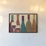 Wine Collage I with Glassware by Veronique Charron. shown as a paper print in a black flame. Available as a archival giclee rolled canvas, fine art paper, or poster print. SKU 44855i.
