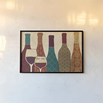 Wine Collage I with Glassware by Veronique Charron. shown as a paper print in a black flame. Available as a archival giclee rolled canvas, fine art paper, or poster print. SKU 44855i.