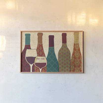 Wine Collage I with Glassware by Veronique Charron. shown as a paper print in a natural frame. Available as a archival giclee rolled canvas, fine art paper, or poster print. SKU 44855i.