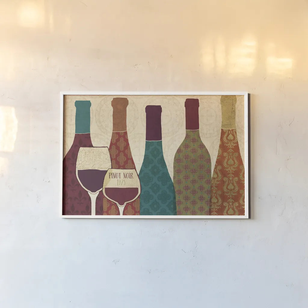 Wine Collage I with Glassware by Veronique Charron. shown as a paper print in a white frame. Available as a archival giclee rolled canvas, fine art paper, or poster print. SKU 44855i.
